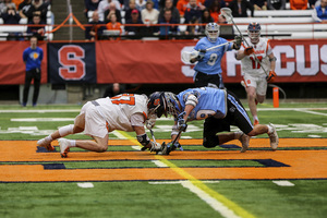 Jakob Phaup, pictured earlier this season against Johns Hopkins, won 15 faceoff attempts in SU's last game. 